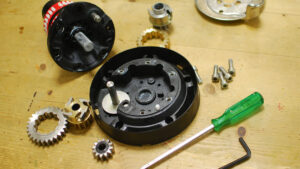 Parts of a winch laid out while servicing