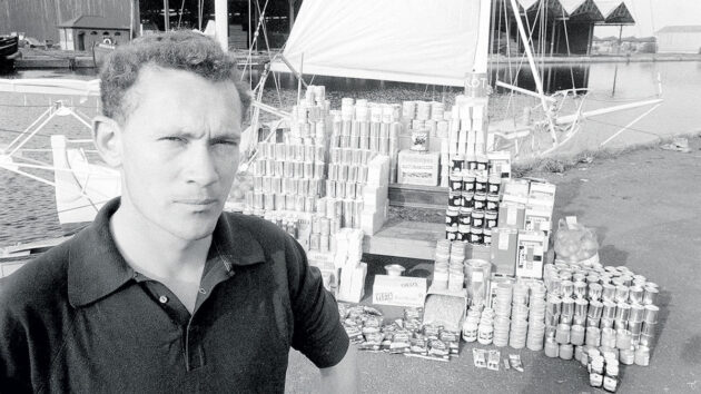 Robin Knox-Johnston with provisions for his 1968 Golden Globe Race