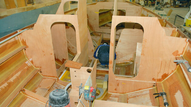 A yacht being built from plywood
