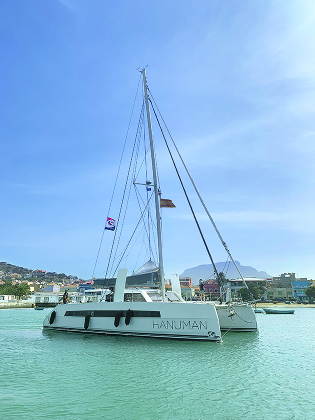 A catamaran boat in a harbour