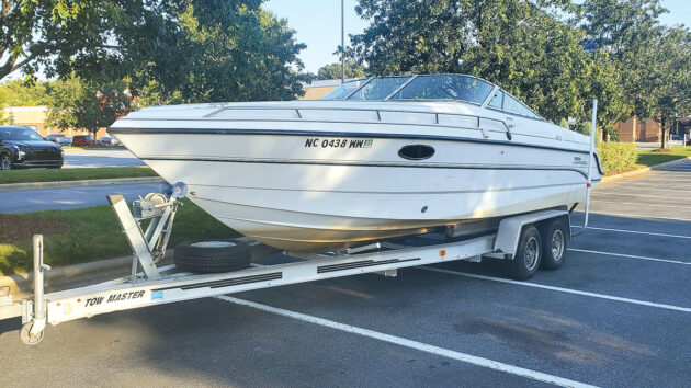 A motorboat on a trailer