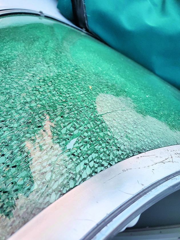 Shattered glass on a boat windscreen