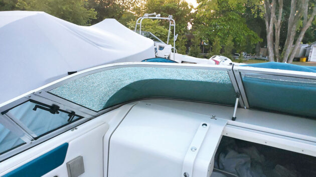 A shattered boat windscreen