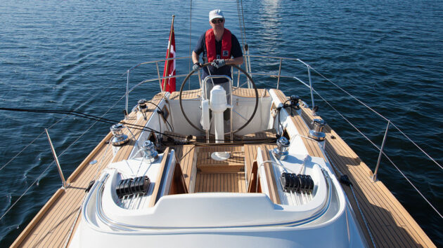 A folding sprayhood on the deck of a Faurby 335E yacht