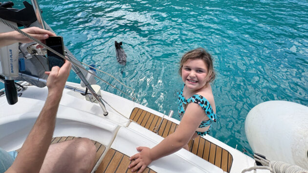 A delighted child with the swimming pigs, who are living their best life in Ioninan waters, during a Sail and Stay charter with Seafarer Holidays
