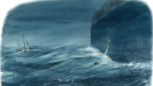 Alex Carter's rescue at night from a yacht tender by a container ship. Painting credit: Claudia Myatt