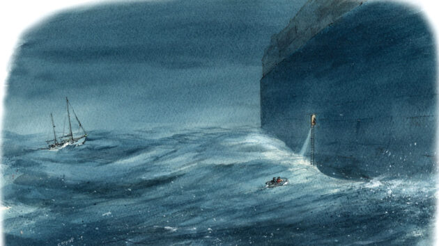 Alex Carter's rescue at night from a yacht tender by a container ship. Painting credit: Claudia Myatt