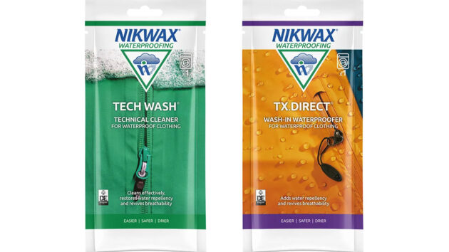 Samples of Nikwax Tech Wash gentle soap-based cleaner and Nikwax TX.Direct Wash-In reproofer. Credit: Nikwax