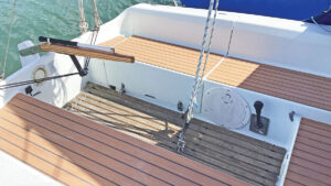 A boat with AquaTeak fitted to the cockpit