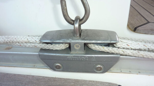 old Amiot traveller car on a mainsheet track on a yacht