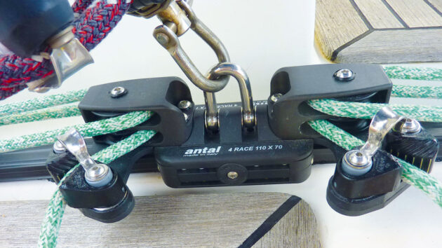 A new traveller car installed on a mainsheet track on a boat for controlling sails