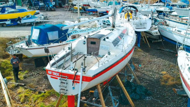 An Etap 30 yacht on the hard