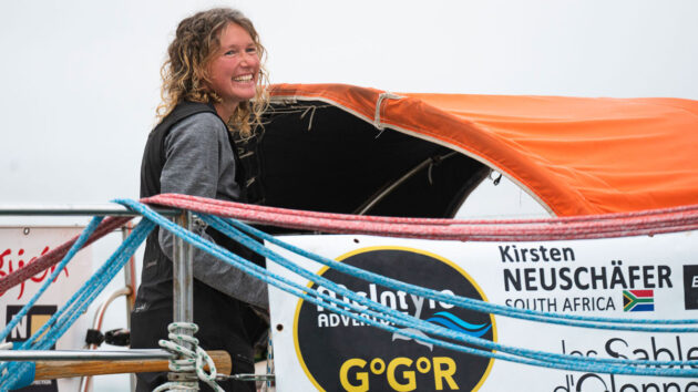 South African skipper Kirsten Neuschäfer won the 2022-2023 Golden Globe Race and rescued a fellow sailor en route. Credit: Olivier Blanchet/ALeA/Getty Images