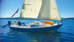 Sam Llewellyn recommends the sail colour of his Corribee, a cream-sailed ocean greyhound. Credit: Lynda Fielden