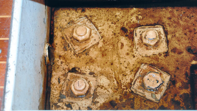 Keel bolts on a yacht