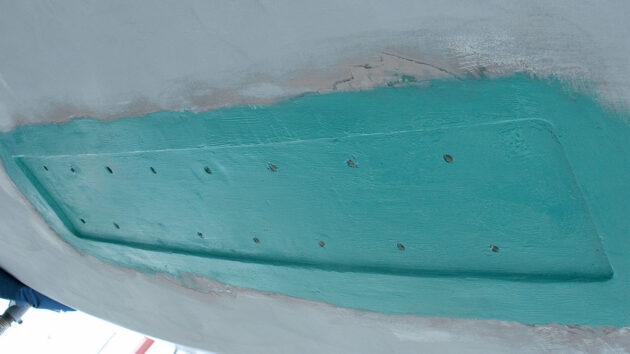 Epoxy primer painted on the underside of a hull