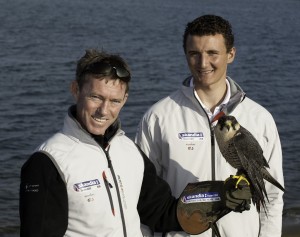 Stephen Park and Giles Scott with Felix the Falcon