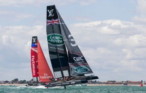 AC45F catamaran Land Rover BAR takes to the air as it rides up on its hydrofoils