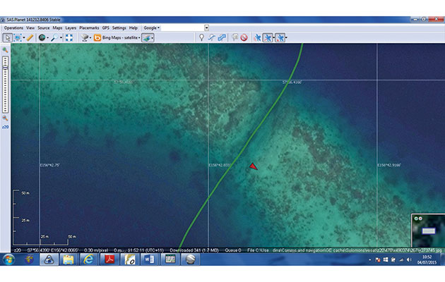 These show our track through a pass in Liapari Reef in the Solomon Islands. Bing (top) is spot on…