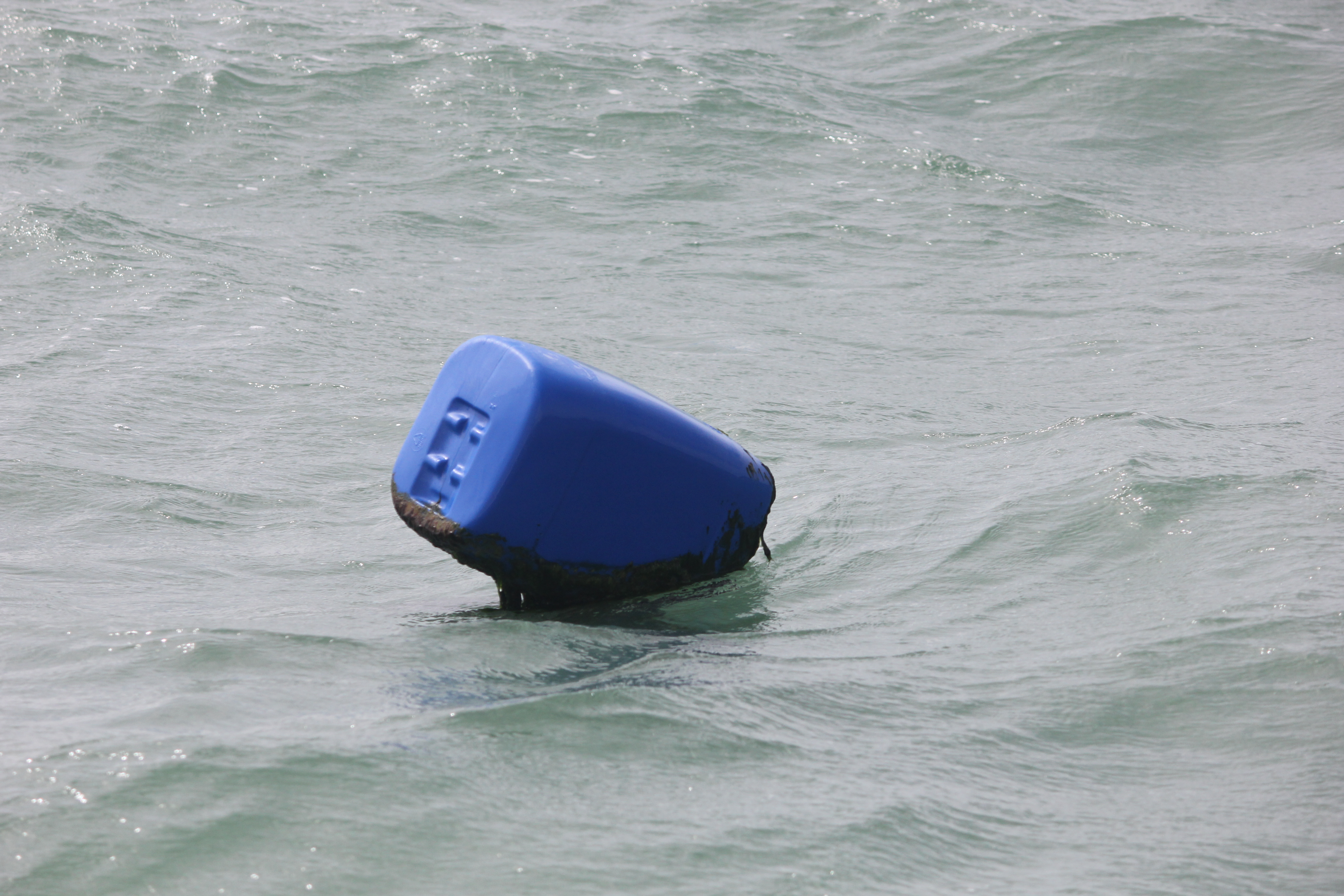 A blue container marks the location of fishing gear