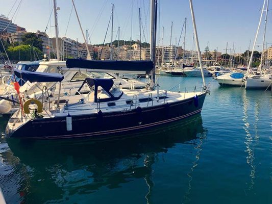 A blue yacht in a marina