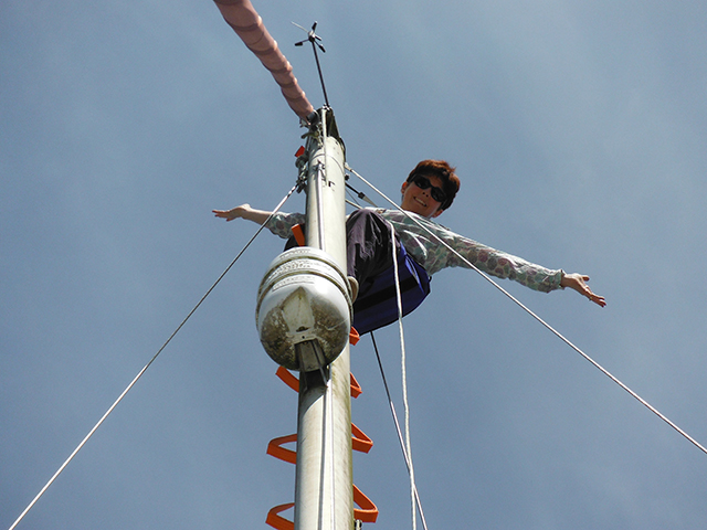 A woman at the top of a mast looking down