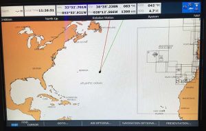 A chartplotter giving a position during a mid Atlantic passage