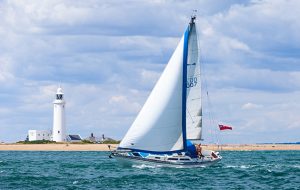 A white yacht in full sail going past a white lighthouse