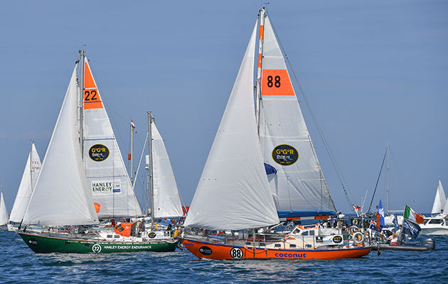 Golden Globe Race competitors jostling for position at the start in Les Sable d'Olonne in France