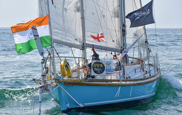 The turquoise hull of Abhilash Tomy's Suhaili replica which he is planning to sail non stop solo around the world