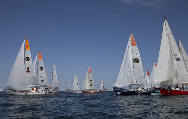 yachts at the start line of the Golden Globe Race