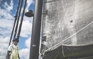Montel Fagan-Jordan aboard Hugo Boss on the water during work experience with Alex Thomson Racing
