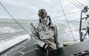 Montel Fagan-Jordan wearing sunglasses on HUGO BOSS which is being prepared for the Route du Rhum