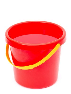 Water in a red bucket with a yellow handle