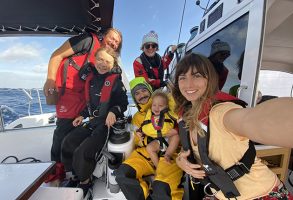 Svante and Greta Thunberg on deck with Nikki at the helm, Riley, Elayna and baby Lenny of Sailing La Vagabonde YouTube fame.