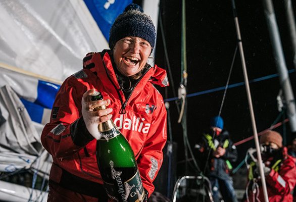Pip Hare celebrates after crossing the finish line in the 2020-21 Vendee Globe
