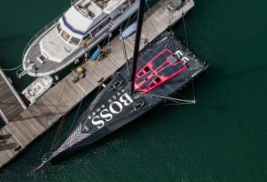 HUGO BOSS on the pontoon at Gosport. Alex Thomson will begin training shortly
