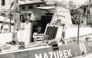 Captain Krystyna Chojnowska-Liskiewicz aboard her Conrad 32 sloop Mazurek which took her around the world in 1976-1978