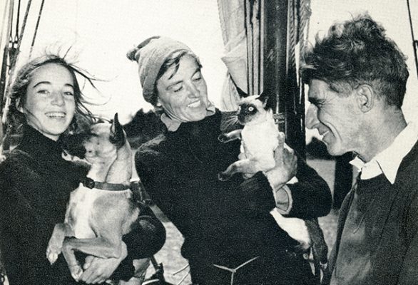 Beryl and Miles Smeeton with their daughter, Clio and their pets board Tzu Hang. Credit: Clio Smeeton