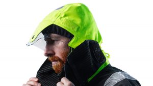 The ‘head lock’ hood design on the Zhik OFS800 waterproof jacket moves with your head, so you don’t find yourself staring into your collar