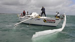 A yacht dismasted in a tidal race