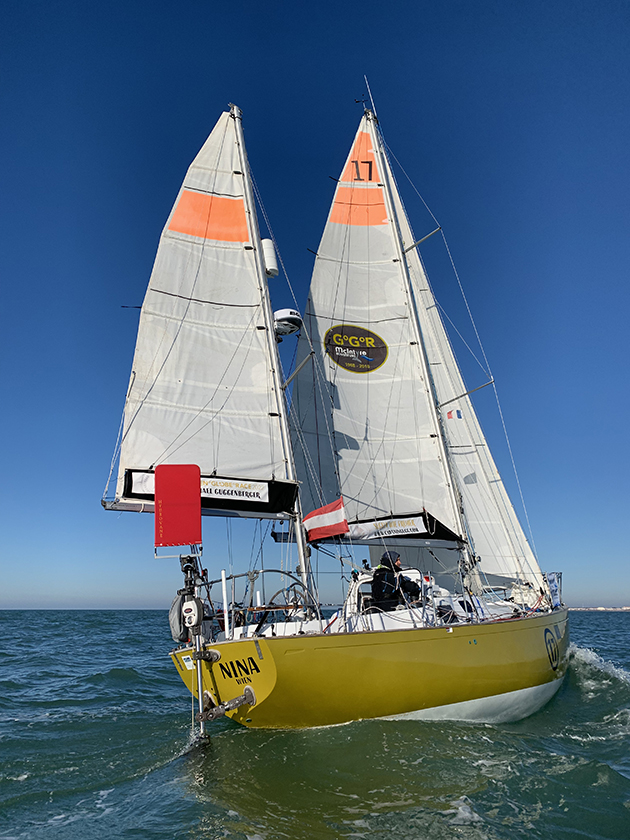 A windvane steering system on the back of a yacht