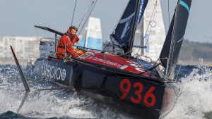 Jay Thompson will be attempting the record in his foiling Mini 6.50. Credit: Alexis Courtcoux/Mini Transat Euro Chef 2021