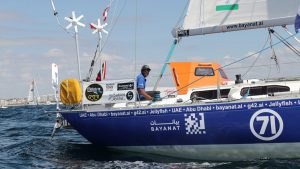 Abhilash Tomy crossing the start line in the 2022 Golden Globe Race - the fleet are now approaching Cape Town