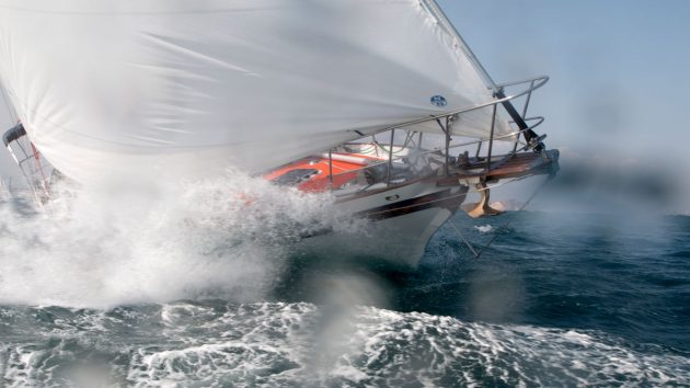 A boat sailing in heavy weather