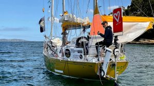 Michael Guggenberger added an extra reef to the mizzen of his Biscay 36 before leaving Hobart for Cape Horn. Credit: Aida Valceanu/GGR2022