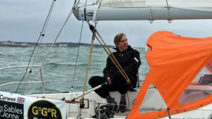 With no working Hydrovane, Simon Curwen is having to either handsteer or use sheet to tiller steering. Credit: Simon Curwen/GGR