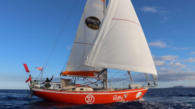 A boat with an orange hull sailing around the world via Cape Horn