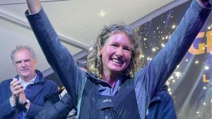 Kirsten Neuschafer - the winner of the 2022 Golden Globe Race and the first woman to win a solo round the world yacht race. Credit: Katy Stickland