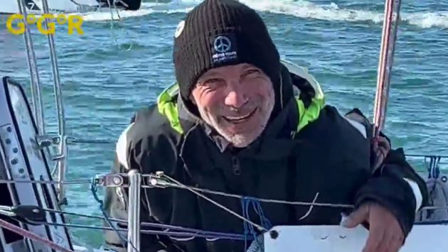 A jubilant Michael Guggenberger after crossing the line to come third in the 2022 Golden Globe Race. Credit: GGR 2022